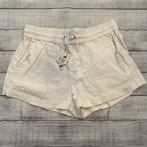 White Linen Cuffed Women’s Shorts Beaded Drawstring Elastic Waist Large